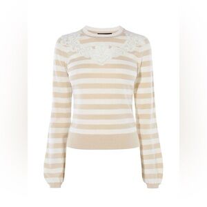 Karen Millen Striped Lace Inlay Puff Sleeve Sweater Size XS.